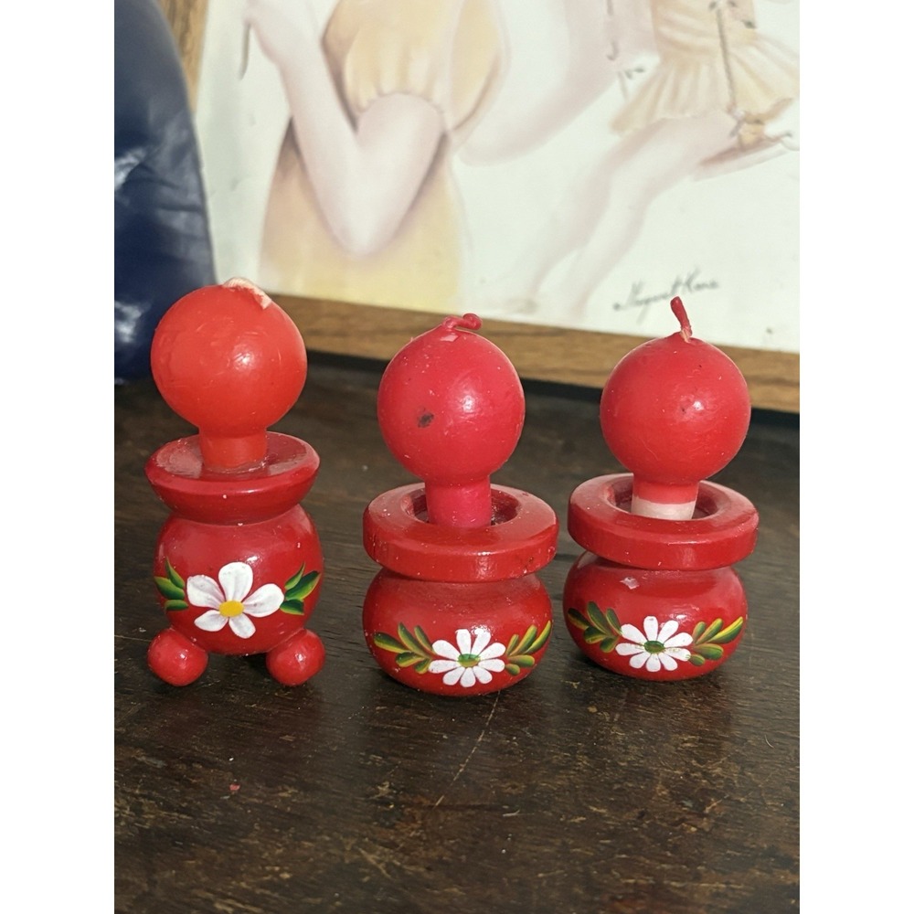 Lot 3 Unused Vintage Swedish Red Wooden Candle Holder White Flower Folk Art